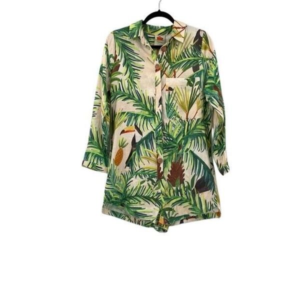 Farm Rio Multicolor Toucan Paradise Linen Long Sleeve Collared Romper Size Small - Picture 2 of 8
